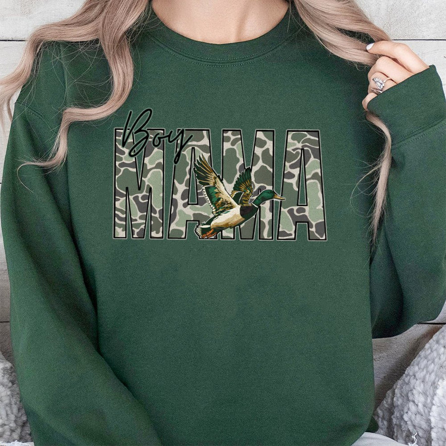 Boy Mama Sweatshirt | Camo Mallard Duck Hunting Design | Premium Cotton Blend | Gift for Outdoorsy Mom