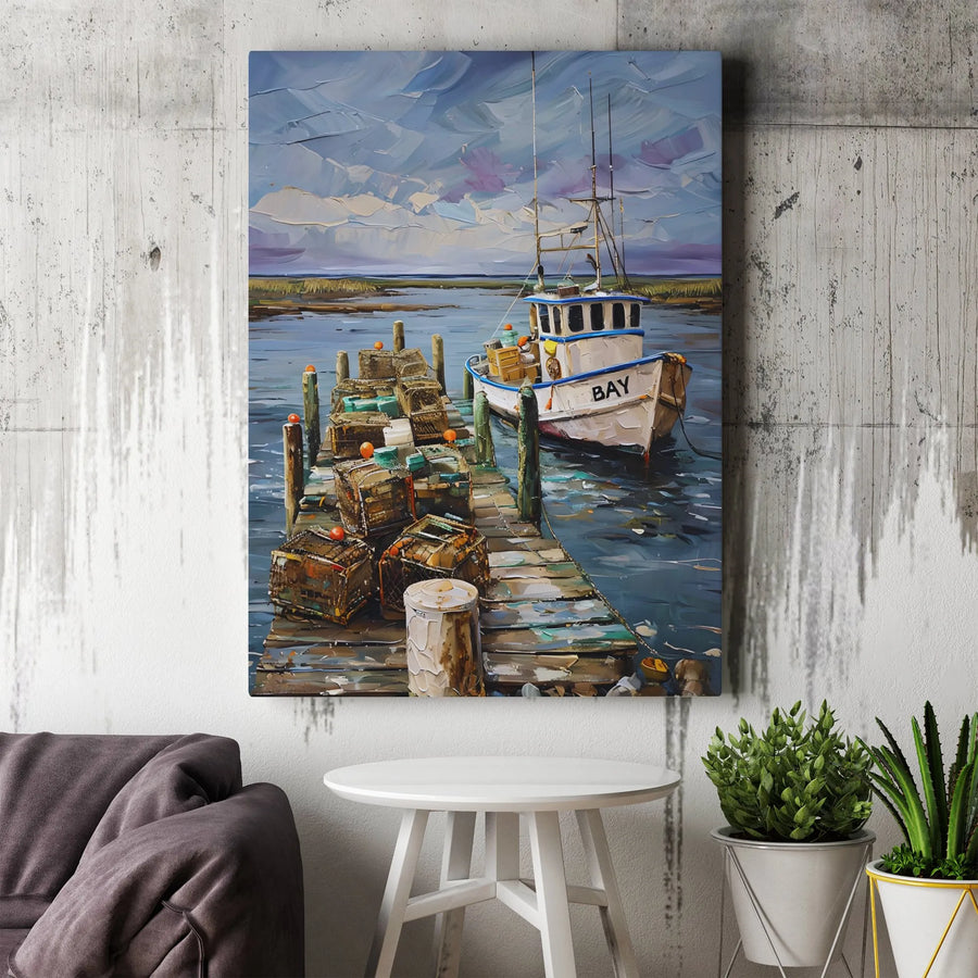Fishing Boat Canvas Wall Art | Coastal Harbor Scene with Lobster Traps | Premium Gallery Wrap Canvas | Nautical Home Decor Gift for Fisherman