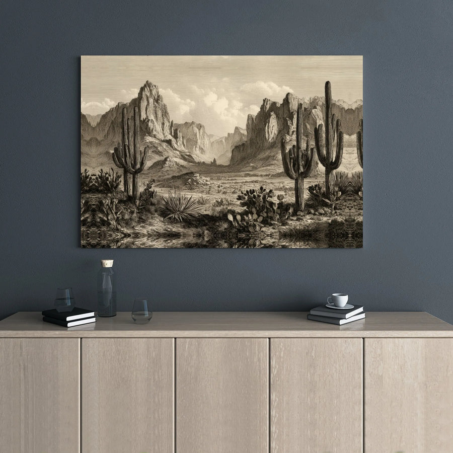 Vintage Arizona Desert Landscape Canvas | Saguaro Cactus Etching Wall Art | Premium Gallery Wrap | Western Home Decor for Living Room