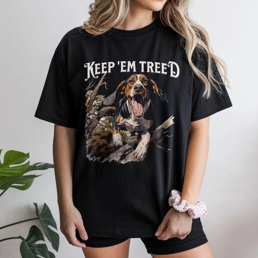 Keep 'Em Treed T-Shirt | Coon Hunting Hound Dog Graphic | Premium Cotton Outdoorsman Apparel | Perfect Gift For Hunters And Wildlife Enthusiasts