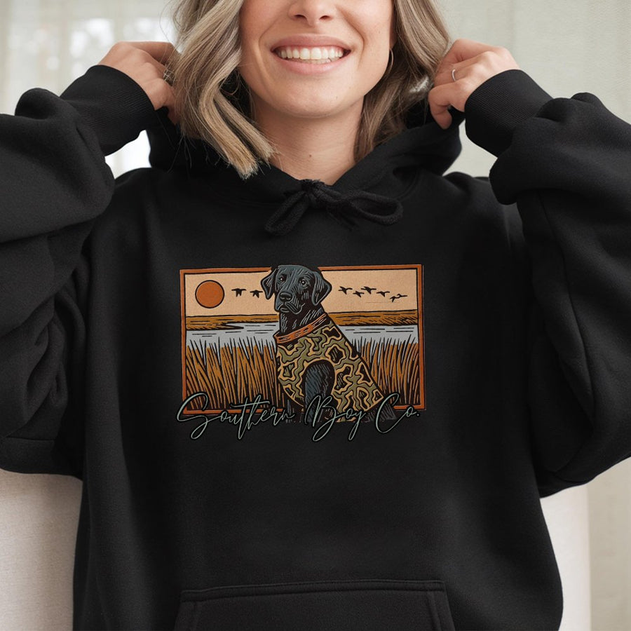 Black Labrador Hoodie | Marsh Hunting Dog Graphic | Premium Cotton Blend | Unisex Country Life Apparel Gift for Duck Hunter