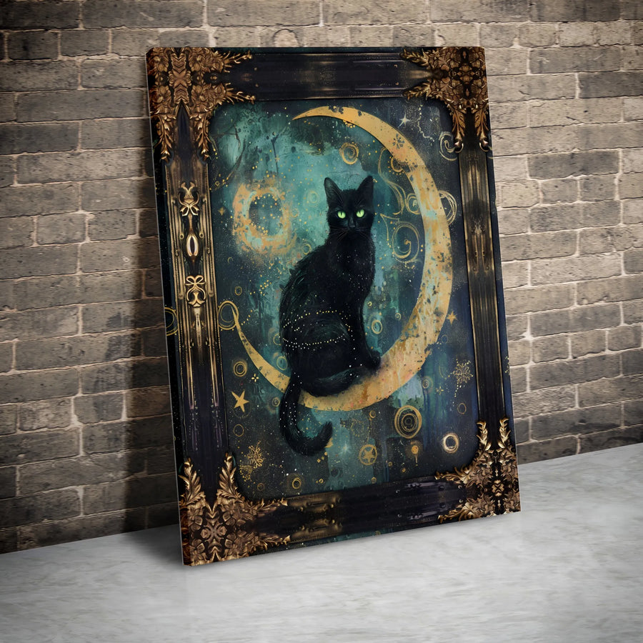Black Cat Wall Art | Mystical Crescent Moon Celestial Design | Premium Gallery-Wrapped Canvas | Gothic Home Decor Gift for Cat Lovers