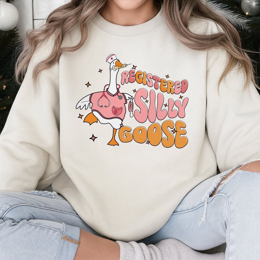 Registered Silly Goose Nurse Sweatshirt | Retro Nursing Student Crewneck | Soft Cotton Blend Apparel | Funny Nurse Appreciation Gift For Her
