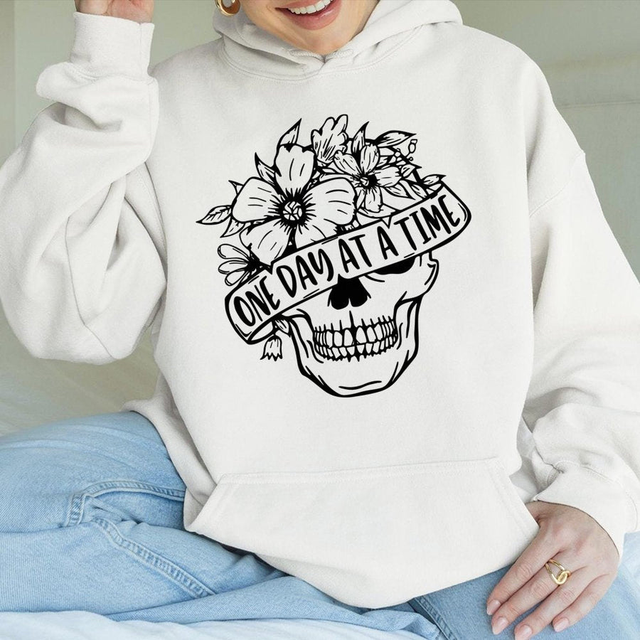 One Day At A Time Hoodie | Floral Skull Graphic Design | Premium Cotton Blend | Inspirational Skeleton Aesthetic Gift For Women