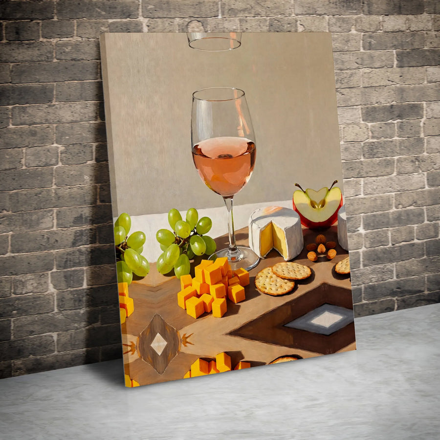 Still Life Wine And Cheese Canvas Print | Elegant Rosé Grapes Charcuterie Board Art | Premium Fade-Resistant Decor | Kitchen And Dining Wall Gift