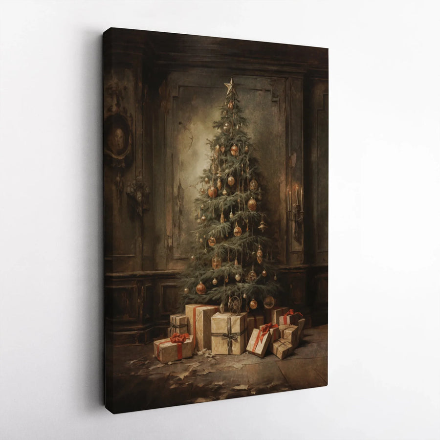 Vintage Christmas Tree Canvas Print | Classic Holiday Tree With Presents Wall Art | Gallery Quality 1.25" Profile | Festive Home Decor Gift