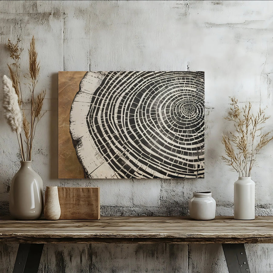Abstract Tree Ring Canvas Wall Art | Monochrome Wood Grain Gallery Wrap | Premium 1.25 Inch Stretched Canvas | Modern Office Decor Gift