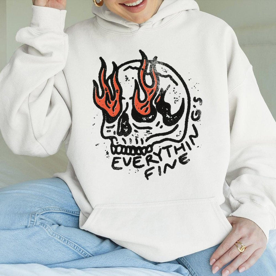 Everything Is Fine Skull Hoodie | Flaming Eyes Graphic Print | Premium Cotton Blend | Edgy Grunge Aesthetic Gift for Men and Women