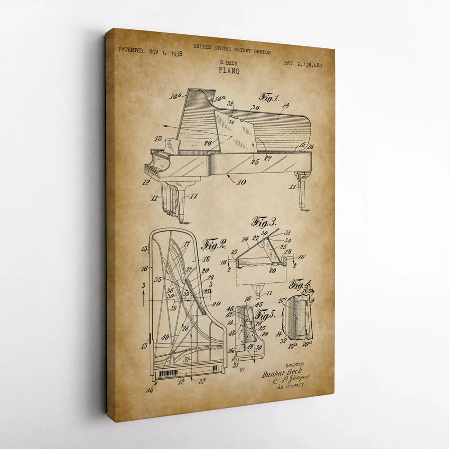 Vintage Piano Patent Canvas Print | 1938 Blueprint Schematic Art | Premium Fade-Resistant Canvas | Collector's Gift for Musician