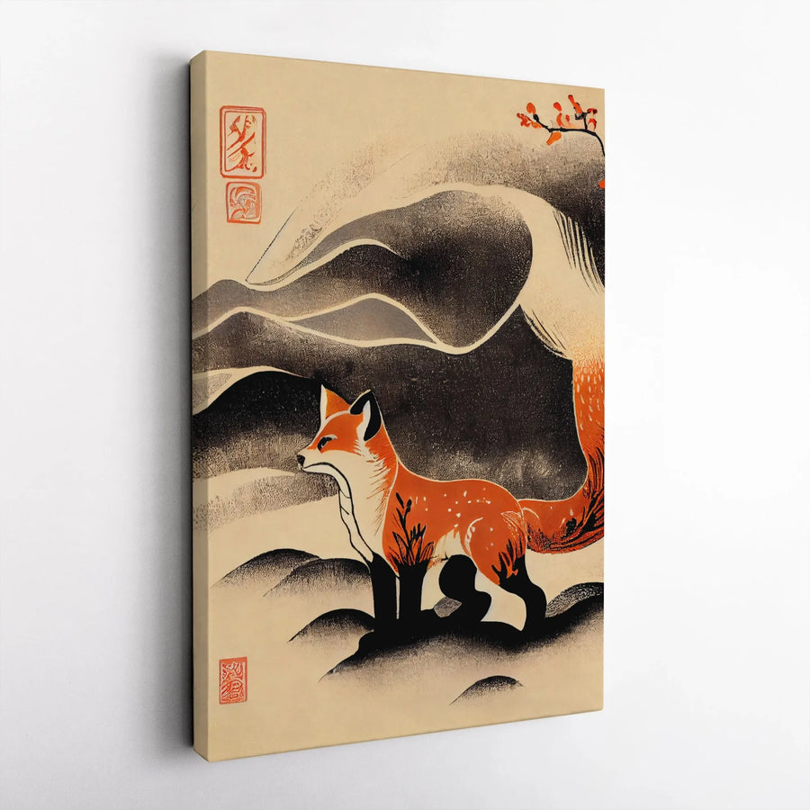 Japanese Fox Wall Art | Ukiyo-e Style Winter Landscape Print | Premium 1.25" Gallery Canvas | Elegant Home Office Decor Gift
