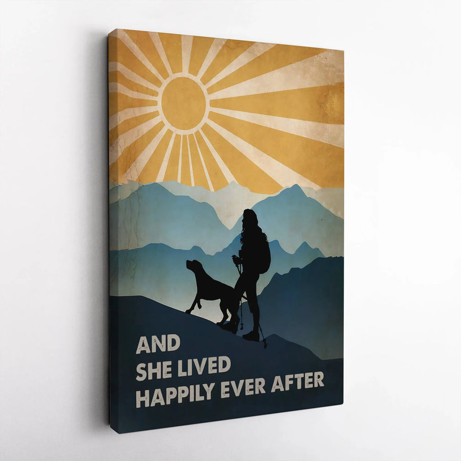 Woman Hiking With Dog Canvas Wall Art | And She Lived Happily Ever After Adventure Print | Premium 1.25" Gallery Wrap | Outdoor Gift For Her