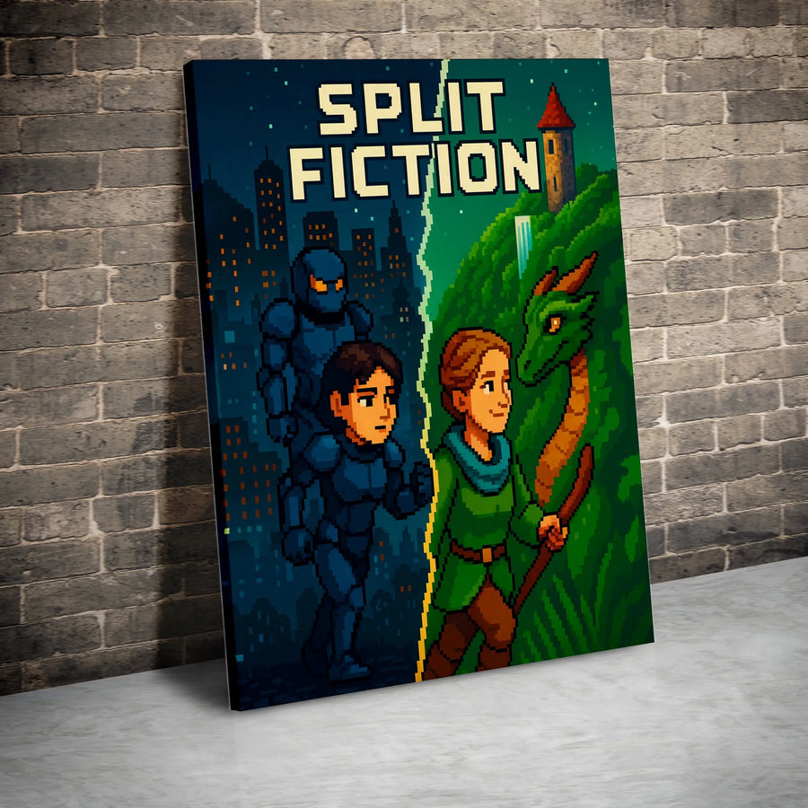 Pixel Art Wall Decor | Sci-Fi vs Fantasy Dragon Split Design | Premium 1.25" Gallery Wrapped Canvas | Gamer Room Gift for Him & Her