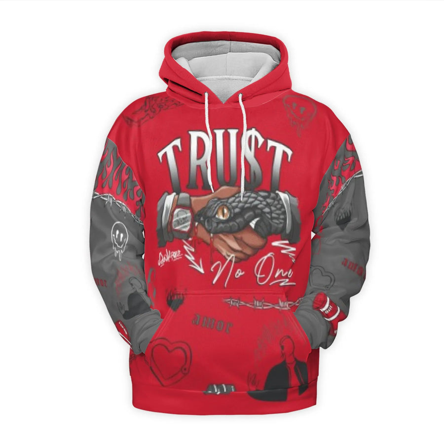 Trust No One Hoodie | Snake Handshake Flames Graphic | Premium Polyester Knit | Unisex Streetwear Gift for Men and Women