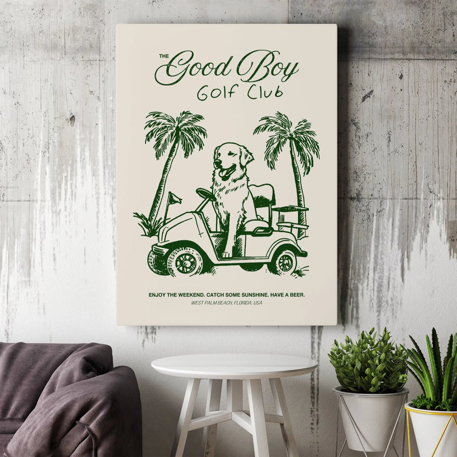 Good Boy Golf Club Dog Art | Funny Golden Retriever Golf Cart Print | Premium Gallery Wrapped Canvas | Retro Aesthetic Home Decor Gift