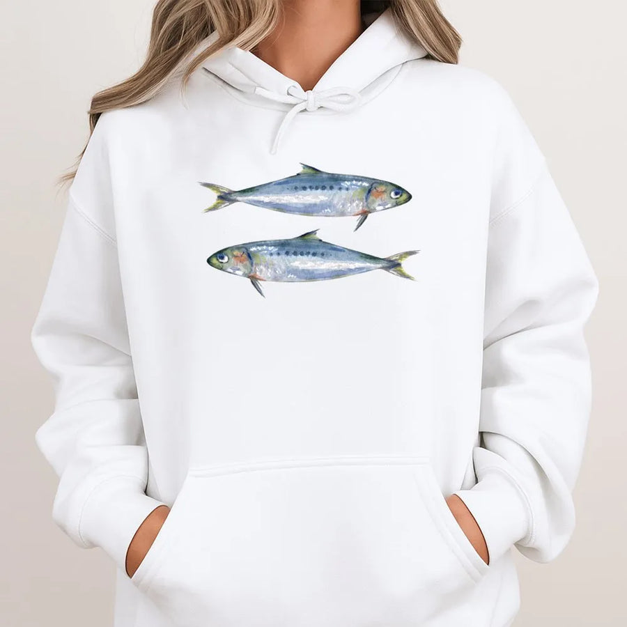 Sardine Graphic Hoodie | Coastal Aesthetic Watercolor Fish Art | Premium Cotton-Blend Pullover | Ocean Lover Foodie Gift