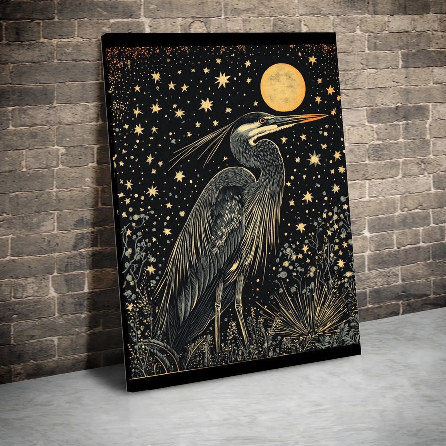 Great Blue Heron Canvas Wall Art | Celestial Moon and Stars Graphic | Gallery-Quality 1.25 Inch Thick Print | Nature Lover Home Decor Gift