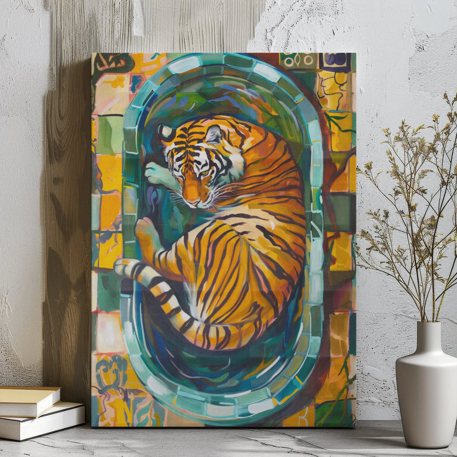 Tiger Canvas Wall Art | Colorful Mosaic Bathtub Painting | Premium Gallery Wrap Decor | Wildlife Animal Print for Home Office