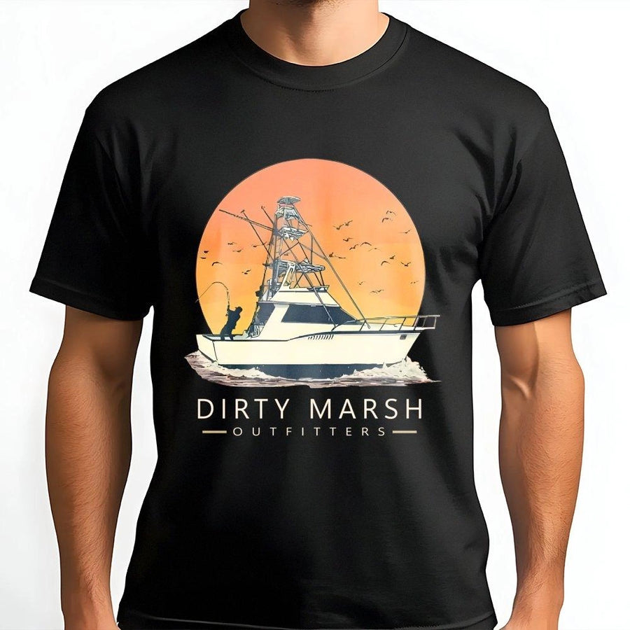 Offshore Fishing T-Shirt | Saltwater Boat Sunset Graphic | 100% Cotton Premium Tee | Coastal Angler Gift for Men