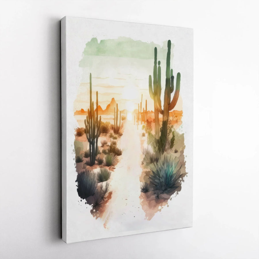 Watercolor Desert Saguaro Landscape Canvas | Sunset Cactus Wall Art | Premium Gallery-Wrapped Print | Southwest Home Decor Gift