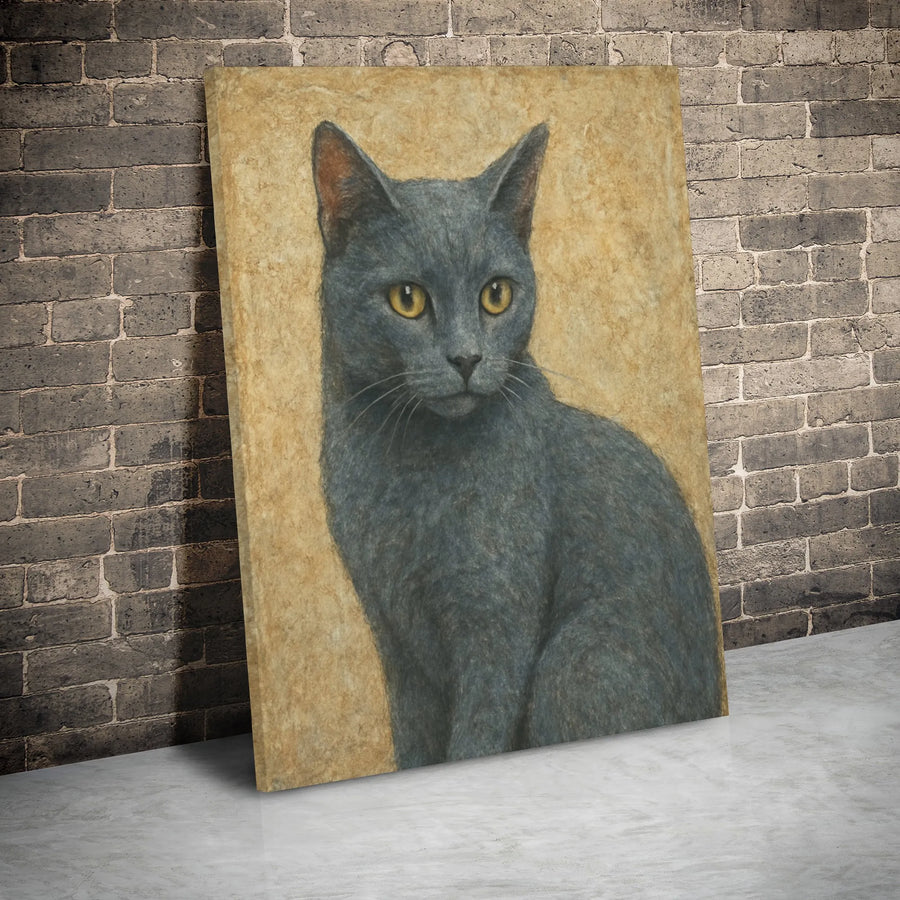 Gray Cat Canvas Wall Art | Moody Gold Portrait Painting | Premium Gallery Wrap | Gift for Cat Lovers & Modern Home Decor
