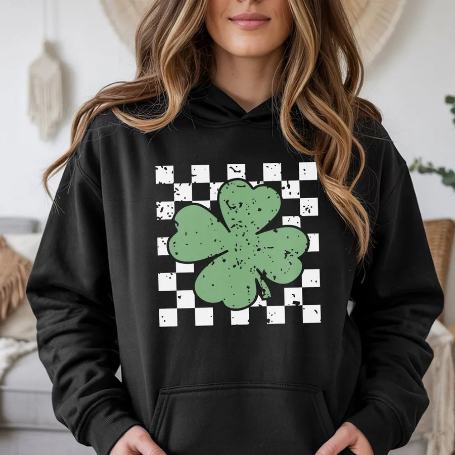 Retro Shamrock Hoodie | Distressed Checkerboard Clover Design | Soft Cotton-Blend Premium Fabric | Festive St. Patrick's Day Gift for Irish Pride