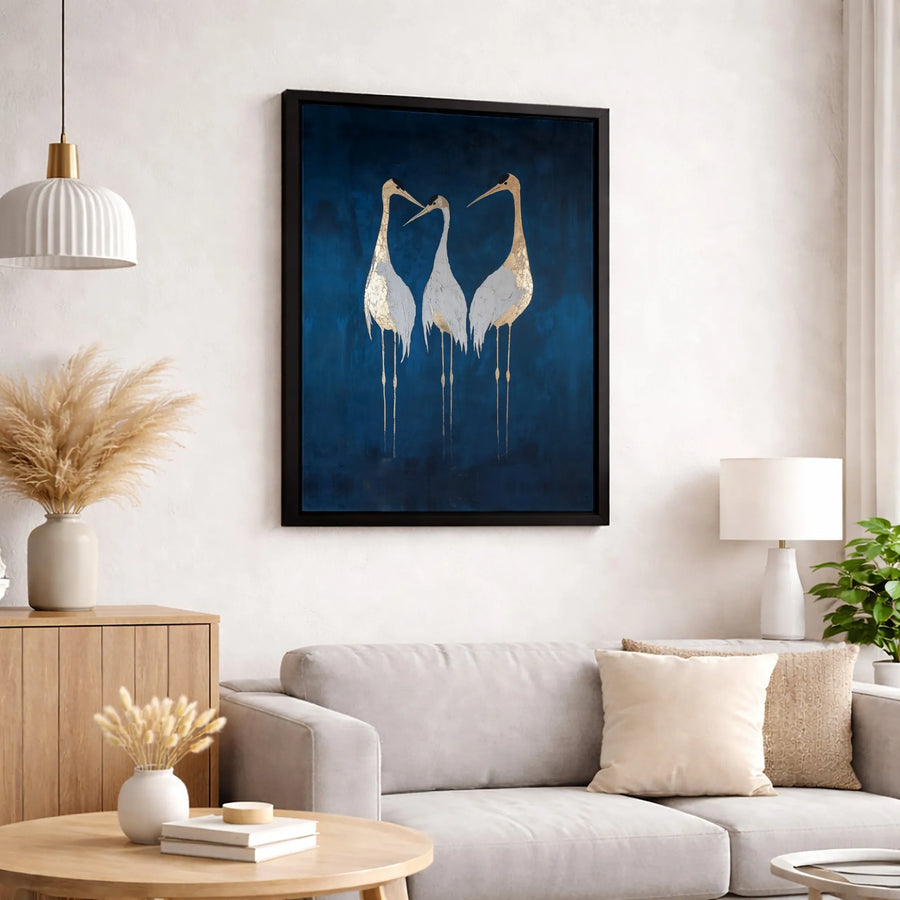 Gold Crane Wall Art | Minimalist Indigo Bird Canvas Print | Premium Gallery Wrapped Decor | Modern Living Room Gift