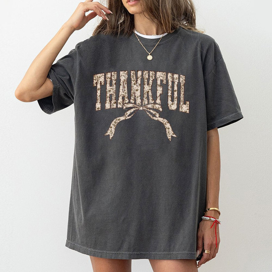 Thankful T-Shirt | Floral Coquette Bow Graphic | 100% Cotton Premium Tee | Thanksgiving Fall Gift for Women