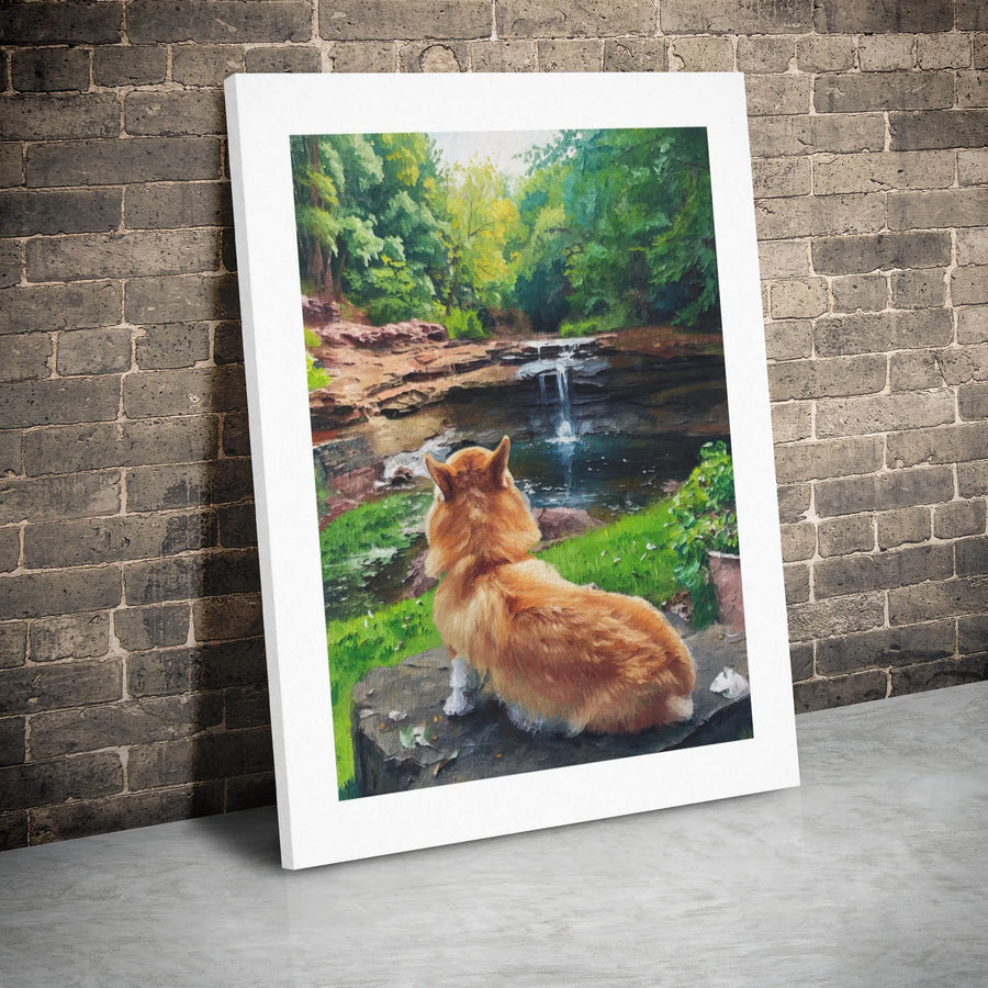 Corgi Wall Art Canvas | Serene Forest Waterfall Oil Painting Print | Gallery Wrapped Premium Decor | Gift for Dog Lovers & Nature Enthusiasts