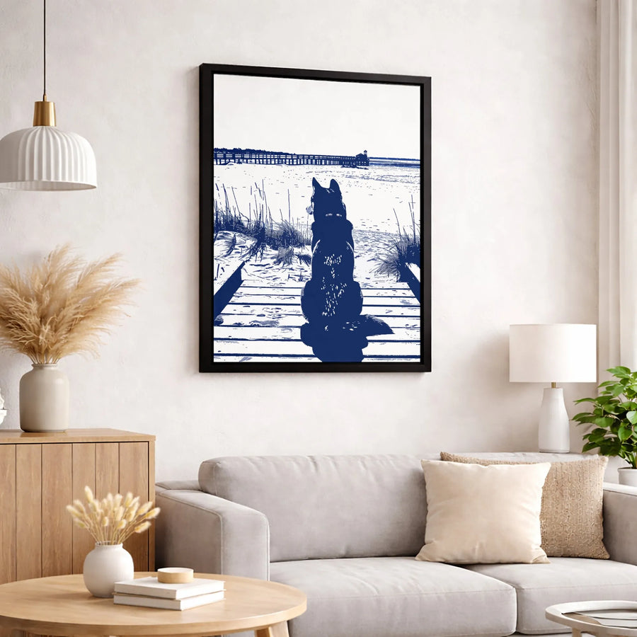 Dog on Boardwalk Canvas Print | Coastal Beach Pier Blue & White Art | Premium Gallery-Wrapped 1.25" Profile | Home Decor Gift for Dog Lovers