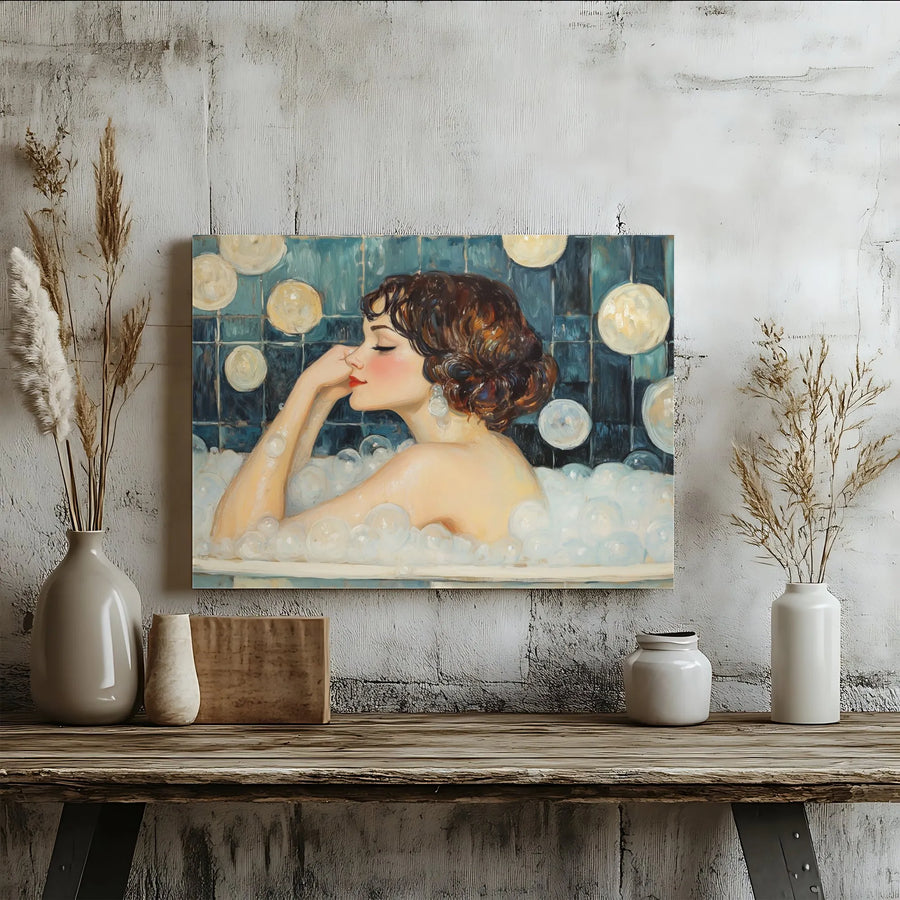 Vintage Art Deco Bathing Woman Canvas | Elegant Bubble Bath Portrait | Premium Gallery Wrapped Print | Sophisticated Bathroom Home Decor