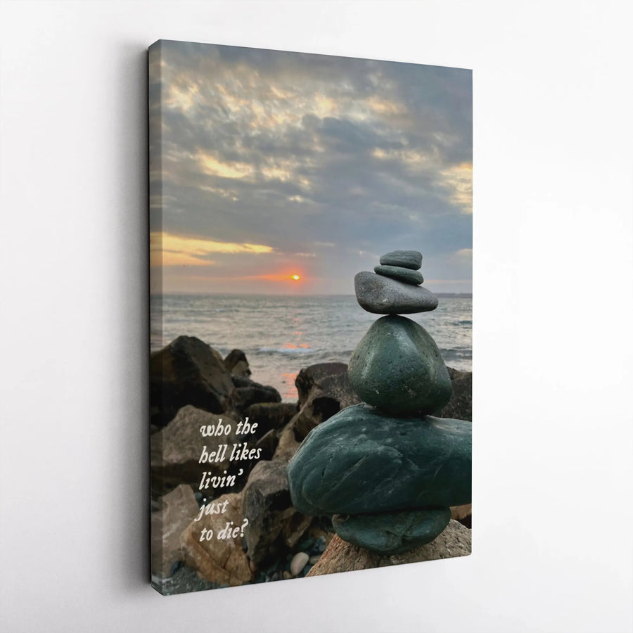 Zen Stone Stack Canvas Print | Sunset Beach Meditation Wall Art | Premium Gallery Wrap Decor | Inspirational Quote Gift for Home Office
