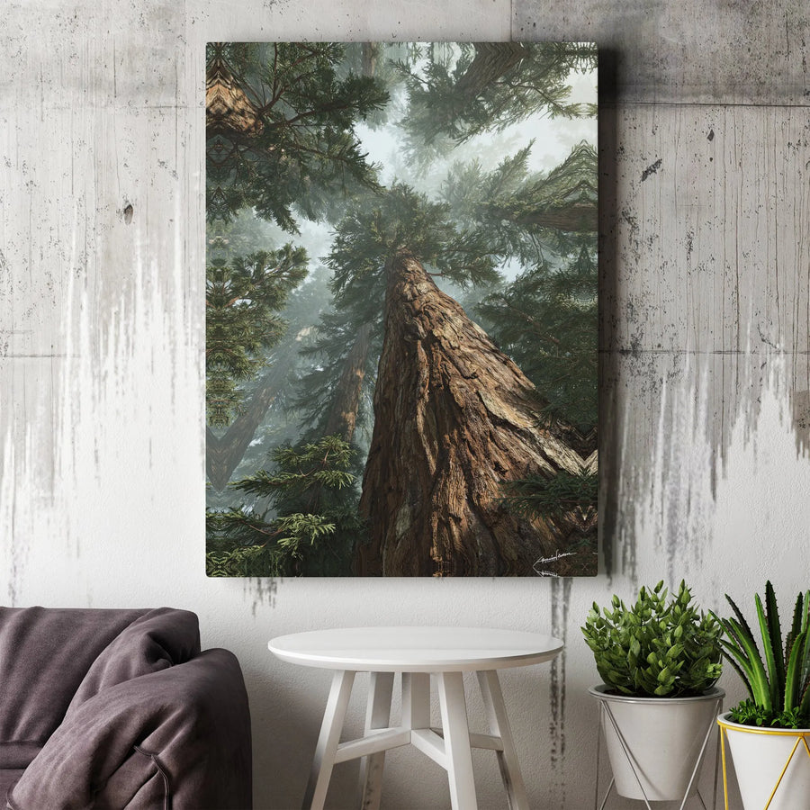 Misty Redwood Forest Canvas Print | Giant Sequoia Tree Low Angle Wall Art | Premium 1.25 Inch Gallery Wrap | Nature Lover Home Decor Gift