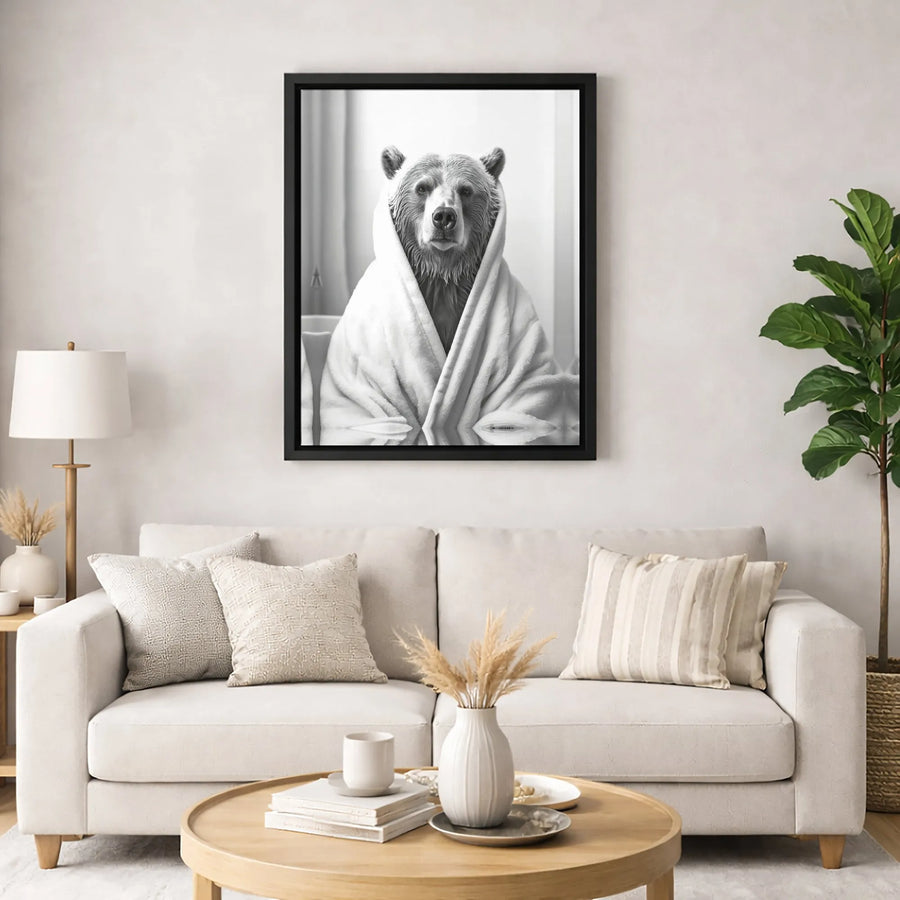 Grizzly Bear in Towel Canvas Print | Funny Bathroom Wall Art | 1.25-inch Premium Gallery Wrap | Whimsical Animal Home Decor Gift