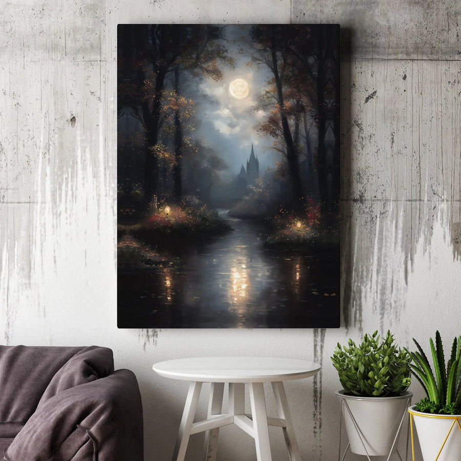 Gothic Forest River Canvas Art | Moody Full Moon & Castle Landscape | Premium Fade-Resistant Print | Dark Academia Home Decor Gift
