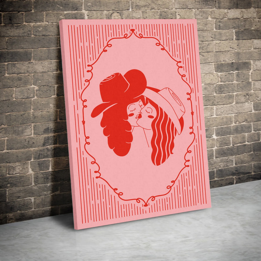 Two Kissing Cowgirls Canvas Wall Art | Romantic Western Line Art Print | Premium 1.25" Gallery Wrap | LGBTQ+ Pride Home Decor Gift