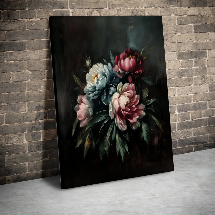 Dark Floral Peony Canvas Wall Art | Moody Botanical Oil Painting Style | Premium Gallery Wrapped Canvas | Dark Academia Home Decor Gift