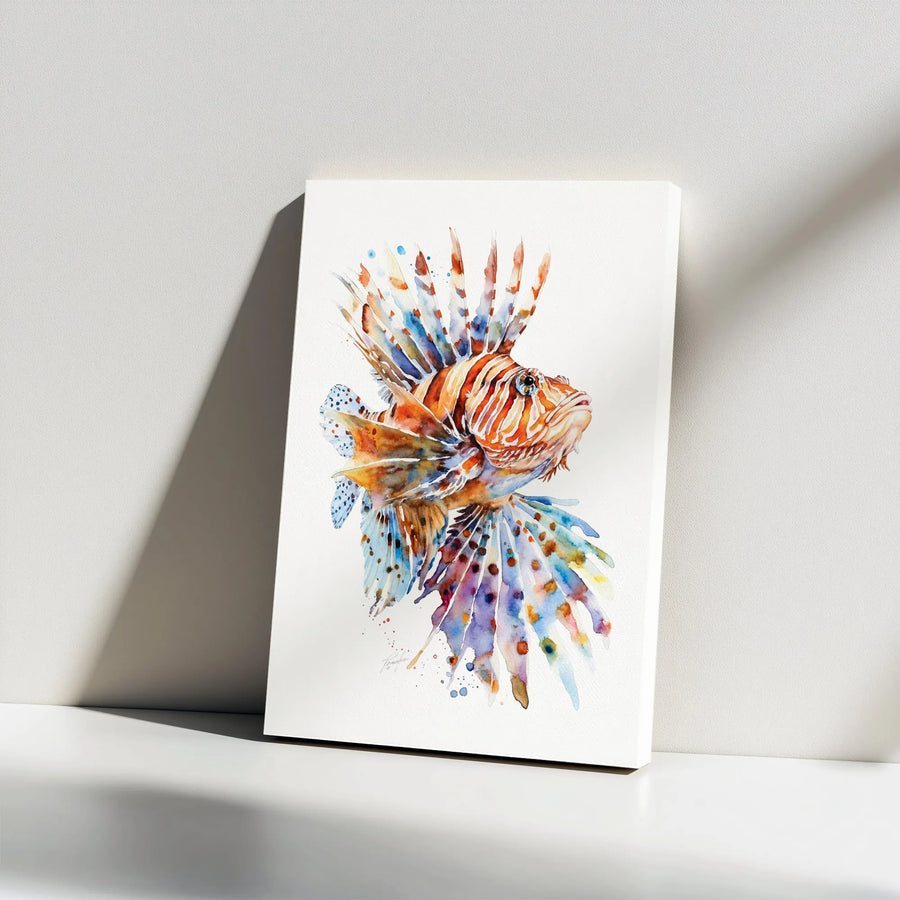 Lionfish Canvas Wall Art | Vibrant Watercolor Tropical Fish Painting | Premium Gallery Wrapped Print | Coastal Beach House Decor Gift for Ocean Lover