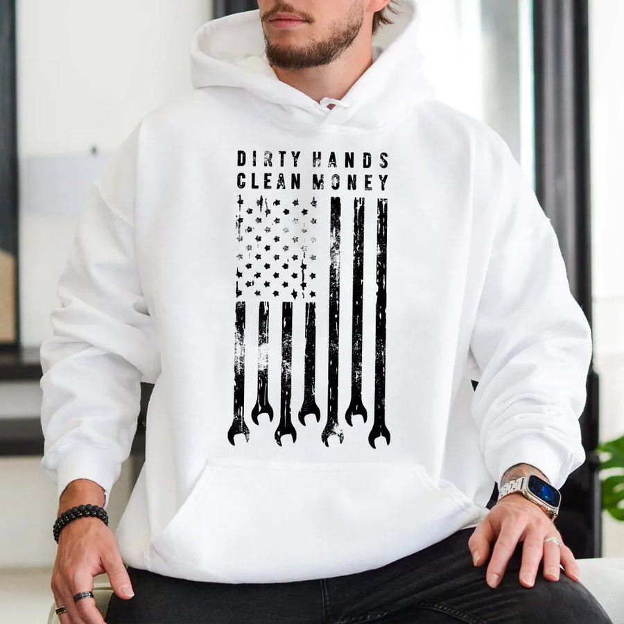 Dirty Hands Clean Money Hoodie | Distressed Wrench USA Flag Graphic | Premium Cotton Workwear | Gift for Mechanics & Blue Collar Workers