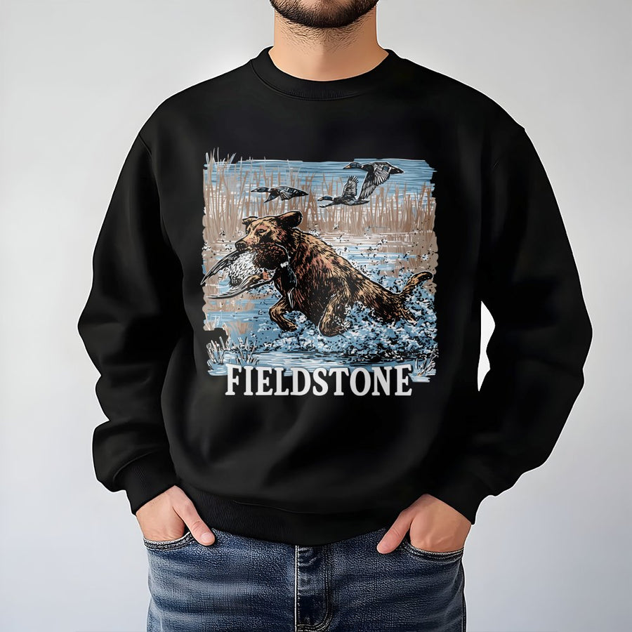 Fieldstone Hunting Dog Sweatshirt | Duck Retrieval Graphic Art | Premium Cotton Blend Crewneck | Outdoor Waterfowl Gift for Hunters