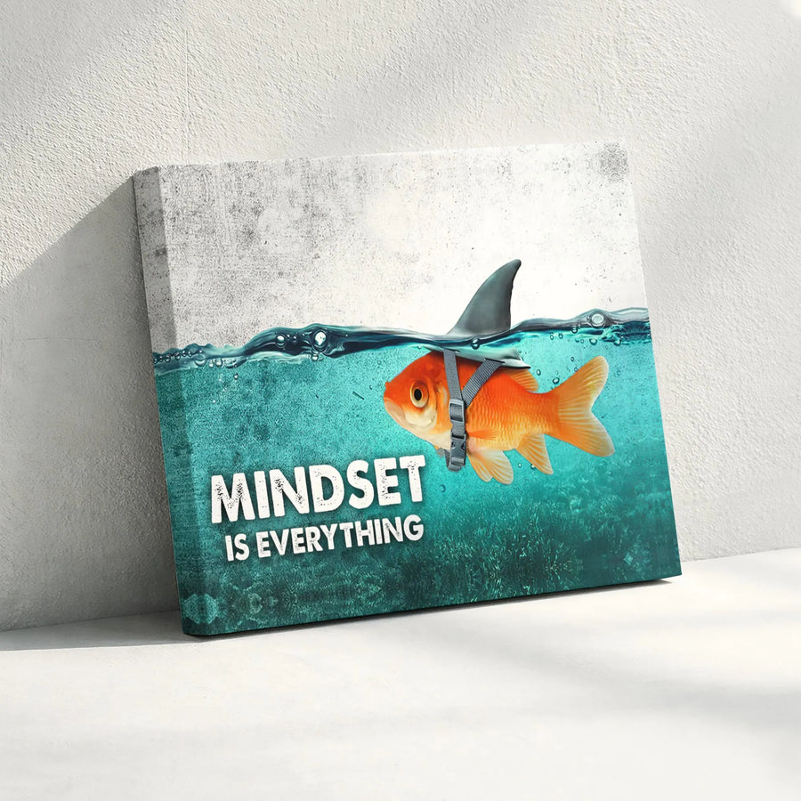 Mindset Is Everything Canvas Art | Motivational Goldfish Shark Fin Wall Decor | Premium Gallery Wrap Print | Office Decor for Success & Ambition