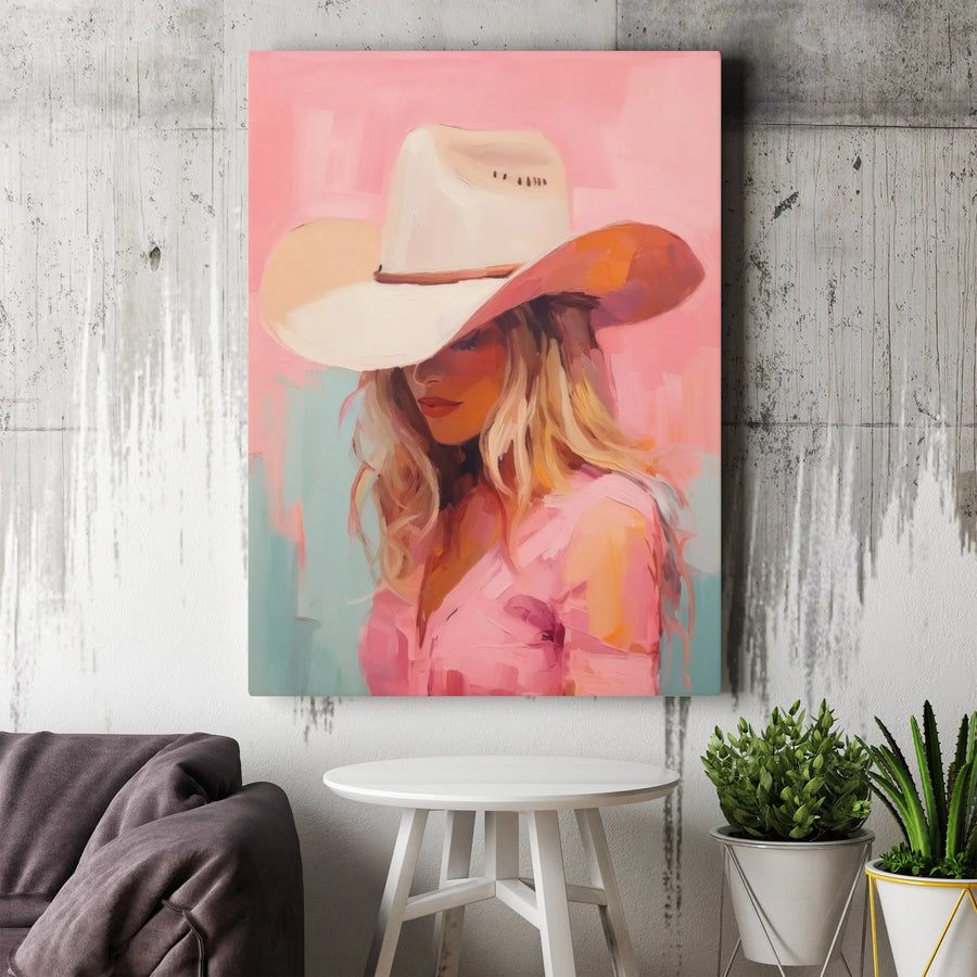 Cowgirl Wall Art Canvas | Pink Aesthetic Impressionist Painting | Premium 1.25-Inch Gallery Wrap | Western Home Decor Gift For Her