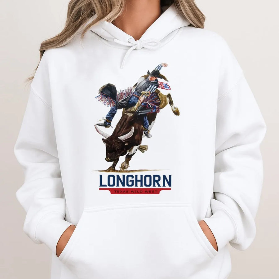 Bull Rider Hoodie | Vintage Texas Longhorn Graphic | Premium Cotton Blend | Western Rodeo Gift for Cowboy and Country Style Enthusiasts