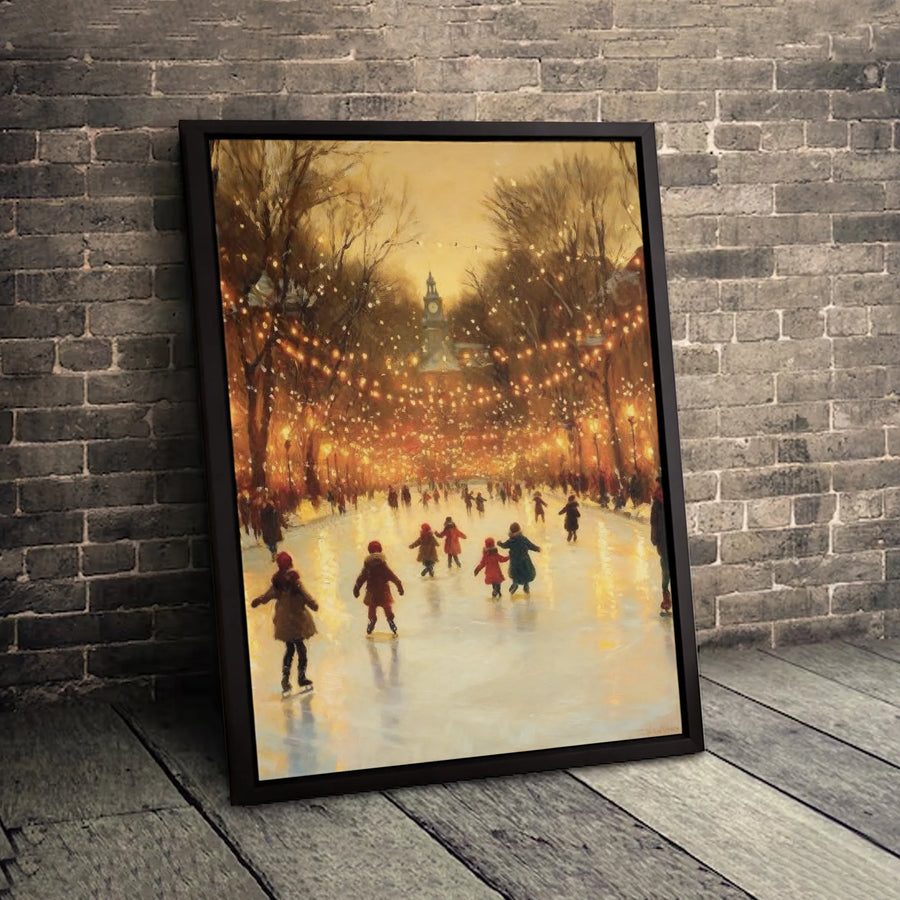 Winter Ice Skating Canvas Art | Impressionist Holiday Lights Wall Decor | Premium 1.25" Thick Gallery Wrap | Festive Christmas Home Interior Gift