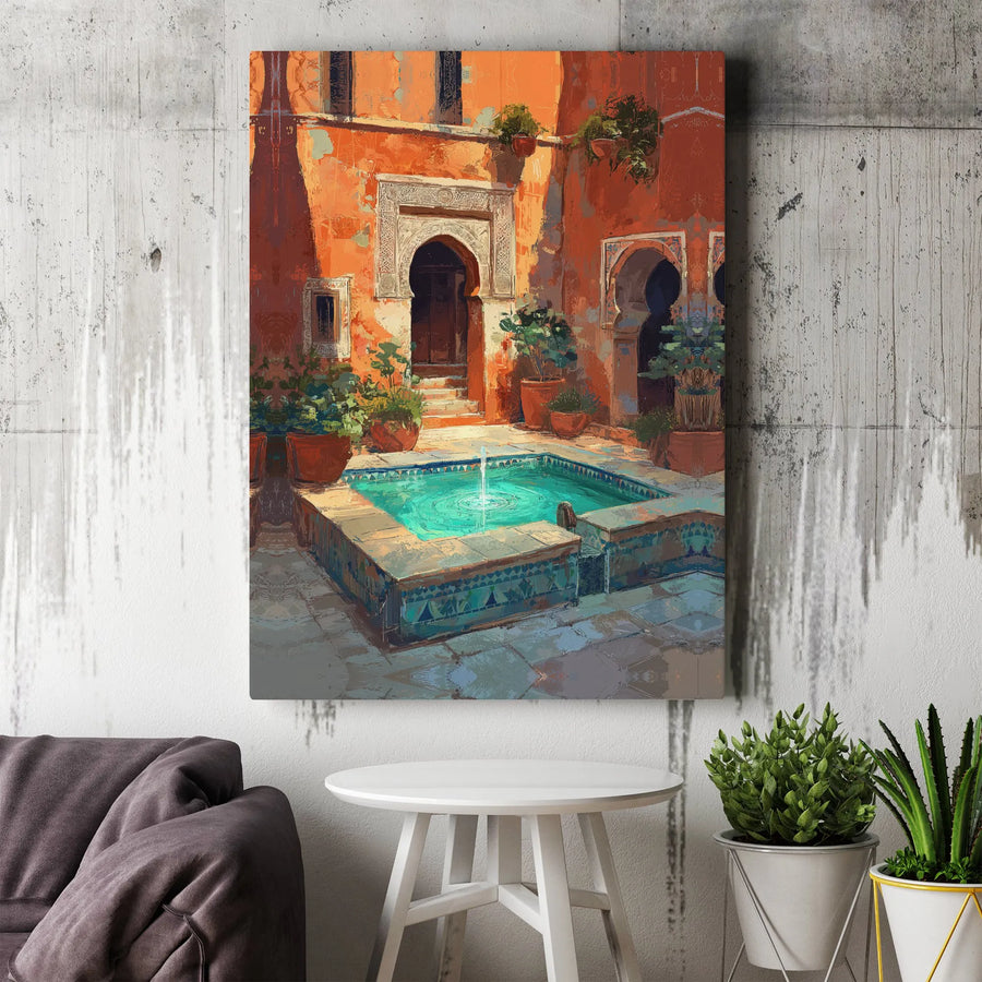 Moroccan Riad Canvas Wall Art | Impressionist Courtyard Fountain Print | Premium Gallery Wrapped Canvas | Bohemian Travel Decor Gift