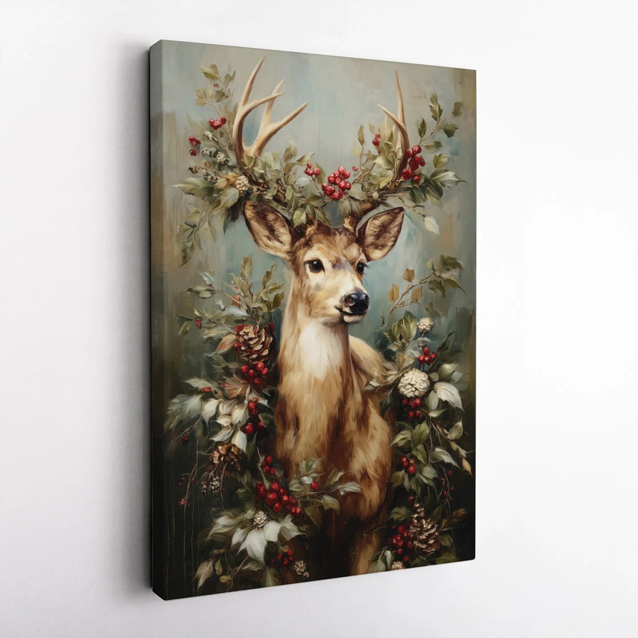 Christmas Deer Canvas Wall Art | Festive Winter Woodland Portrait with Berries and Pinecones | Premium Gallery Wrapped Decor | Holiday Home Gift