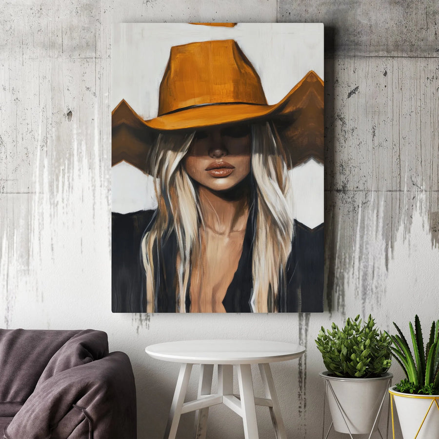 Modern Cowgirl Canvas Wall Art | Mysterious Blonde Woman in Orange Cowboy Hat | Premium Gallery Wrap Print | Modern Western Home Decor Gift