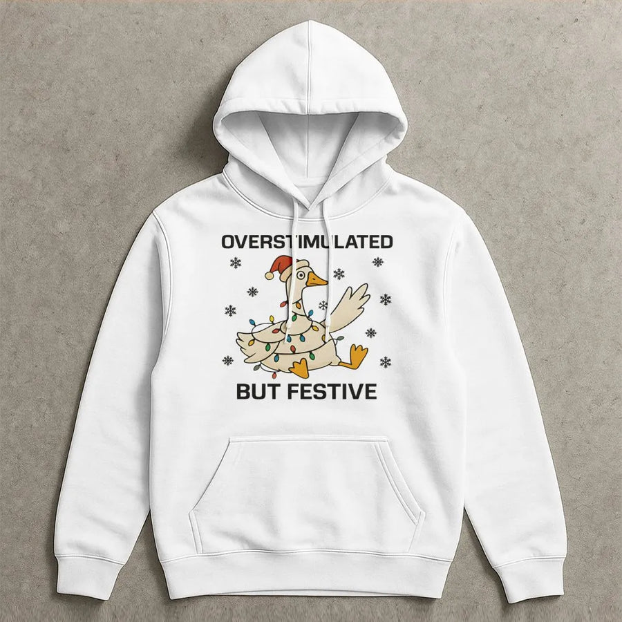 Overstimulated But Festive Goose Hoodie | Funny Christmas Lights Graphic | Premium Cotton Blend Pullover | Neurodivergent Gift For Holiday Season