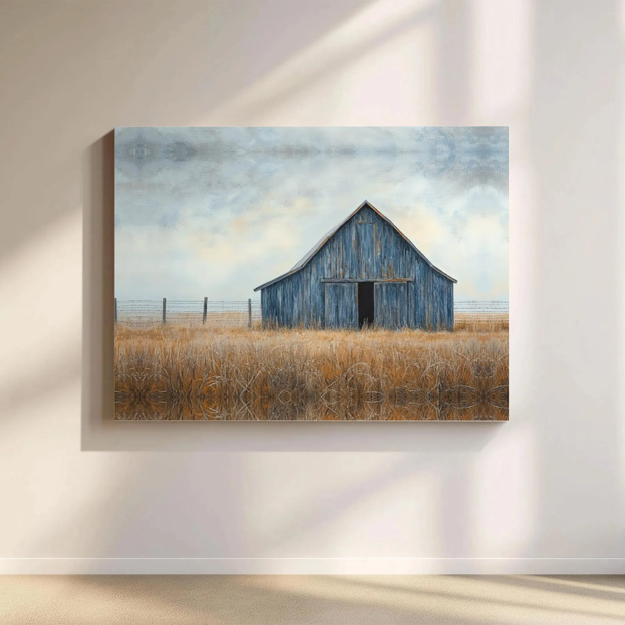 Rustic Blue Barn Canvas Print | Golden Wheat Field Landscape Art | Premium Gallery Wrapped Wall Decor | Farmhouse Living Room Gift