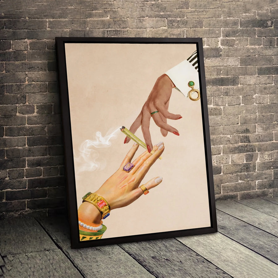 Marijuana Joint Hands Canvas Art | Retro Collage Aesthetic Wall Decor | Premium Fade-Resistant Print | Unique Boho Stoner Gift for Home