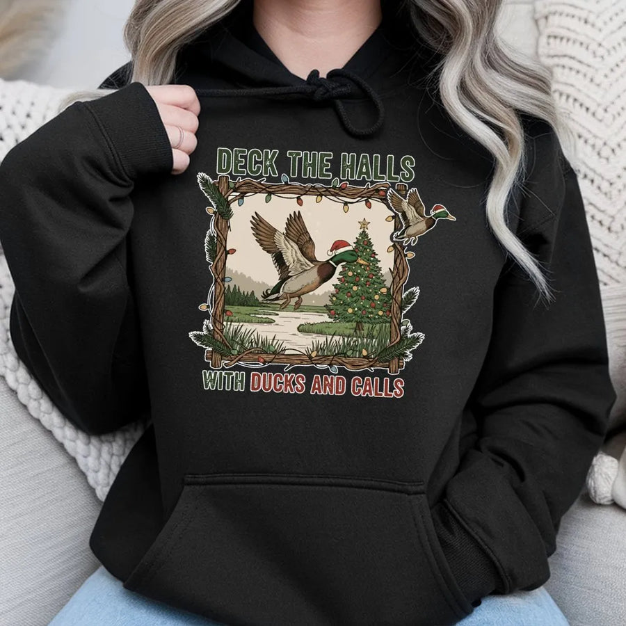 Duck Hunting Christmas Hoodie | Deck The Halls With Ducks And Calls Design | Premium Unisex Pullover | Funny Hunter Gift For Christmas